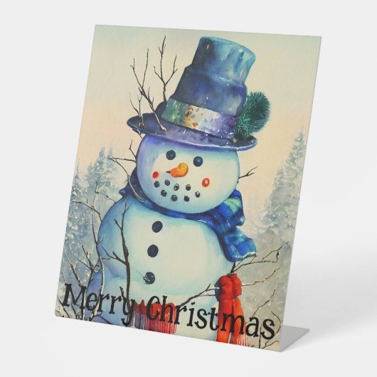 Waterverf Snowman Pedestal Sign Reclamebord Met Voetstuk (Voorkant)
