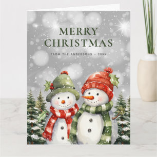 Waterverf Snowman Poinsettia Vrolijk Kerstfeest Kaart