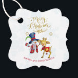 Waterverf Snowman Rudolph Merry Kerstscript Bedankjes Labels<br><div class="desc">Elegant Gold Merry-kersttypografie,  gouden en blauwe sneeuwvlokken,  waterverf sneeuwman en Rudolf rendier op een witte achtergrond. Het gebruik personaliseert hulpmiddel om uw info toe te voegen. Ga naar mijn droomkerstCollectie voor meer overeenkomende objecten.</div>