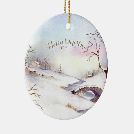 Waterverf Snowy Bridge Landscape Painting Keramisch Ornament (Rechts)