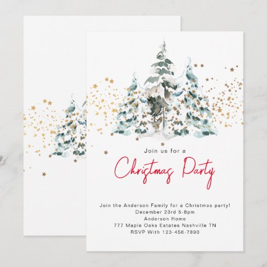 Waterverf Snowy Christmas Trees Feestuitnodiging Kaart (Voorkant / Achterkant)