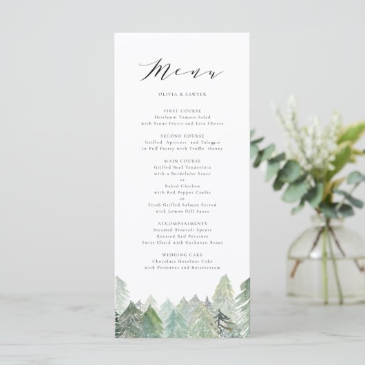 Waterverf Snowy Evergreen Forest Script Wedding Menu (Staand voorkant)
