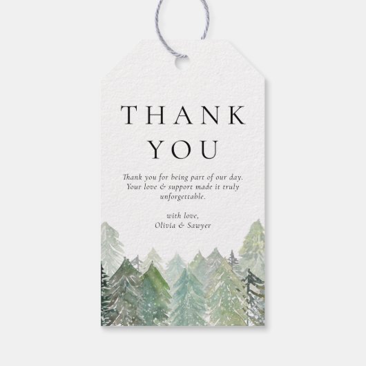 Waterverf Snowy Evergreen Forest Wedding Cadeaulabel (Achterkant)