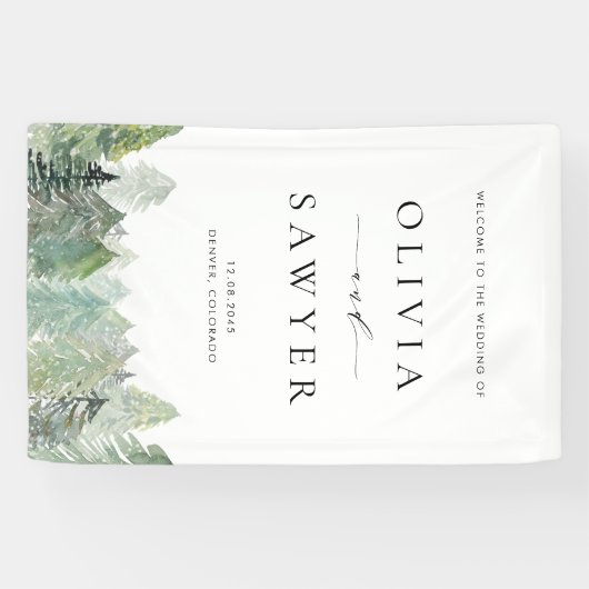 Waterverf Snowy Evergreen Forest Wedding Welkom Spandoek (Horizontaal)