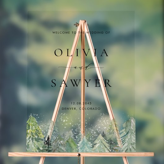 Waterverf Snowy Evergreen Forest Winterbruiloft Acryl Bord (Neutraal)