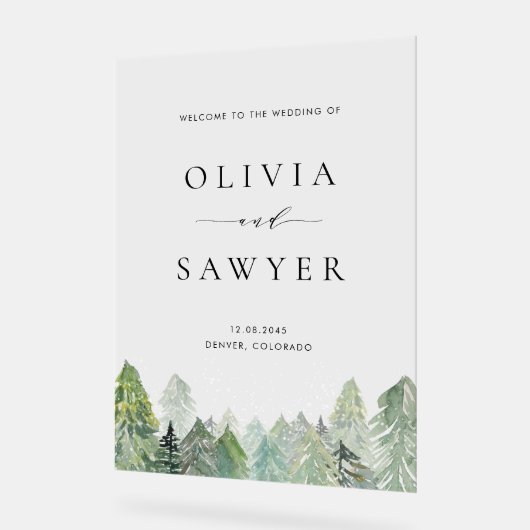 Waterverf Snowy Evergreen Forest Winterbruiloft Acryl Bord (Hoek)