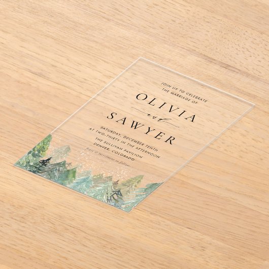 Waterverf Snowy Evergreen Forest Winterbruiloft Acryl Uitnodigingen (Laagn)