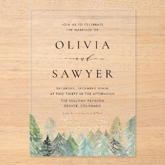 Waterverf Snowy Evergreen Forest Winterbruiloft Acryl Uitnodigingen (Voorkant)