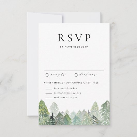 Waterverf Snowy Evergreen Forest Winterbruiloft RSVP Kaartje (Voorkant)