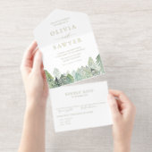 Waterverf Snowy Evergreen Landscape Wedding All In One Uitnodiging (Uittrekbaar)