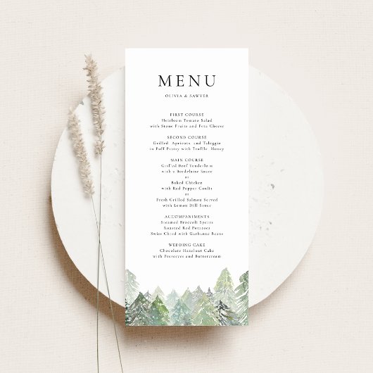 Waterverf Snowy Evergreen Woodland Winterbruiloft Menu