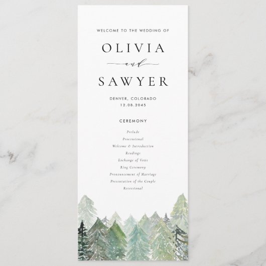 Waterverf Snowy Evergreen Woodland Winterbruiloft Programmakaart (Voorkant)