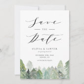 Waterverf Snowy Evergreen Woodland Winterbruiloft Save The Date (Voorkant)