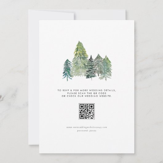 Waterverf Snowy Evergreen Woodland Winterbruiloft Save The Date (Achterkant)