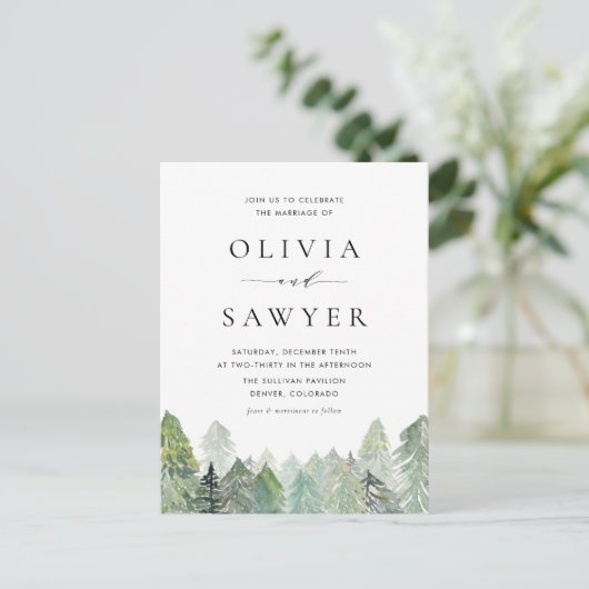 Waterverf Snowy Evergreens Winter Wedding QR Code Uitnodiging Briefkaart (Staand voorkant)