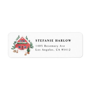 Waterverf Snowy Forest Red Cottage Kerst Etiket
