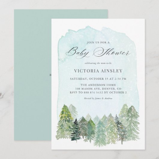 Waterverf Snowy Forest Winter Baby shower Kaart (Voorkant / Achterkant)