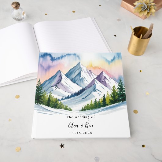 Waterverf Snowy Mountain Landscape Wedding Gastenboek (Voorkant open)