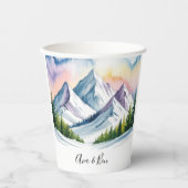 Waterverf Snowy Mountain Landscape Wedding Papieren Bekers (Voorkant)