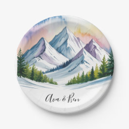 Waterverf Snowy Mountain Landscape Wedding Papieren Bordje