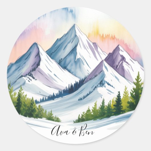 Waterverf Snowy Mountain Landscape Wedding Ronde Sticker (Voorkant)