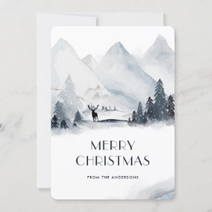 Waterverf Snowy Mountain Stag Vrolijk Kerstfeest Feestdagenkaart