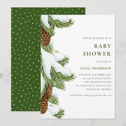 Waterverf Snowy Pine Needles Baby shower Kaart (Voorkant / Achterkant)