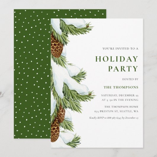 Waterverf Snowy Pine Needles Holiday Party Kaart (Voorkant / Achterkant)