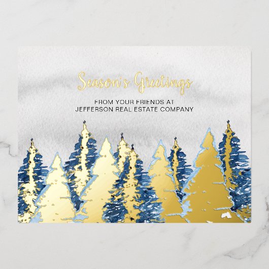 Waterverf Snowy Pine Trees Forest Winter Business Folie Feestdagen Briefkaart (Voorkant)