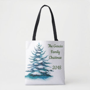 Waterverf Snowy Pine & Wreath 2-zijdige familie Tote Bag