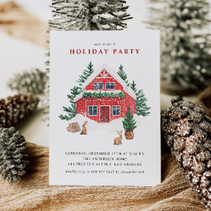 Waterverf Snowy Red Cottage Winterfeest Kaart