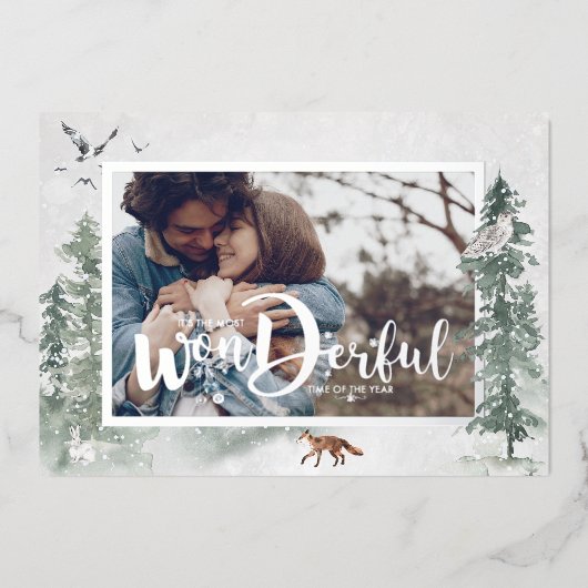 Waterverf Snowy Winter Pine Trees Foto Holiday Folie Uitnodiging (Voorkant)