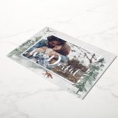 Waterverf Snowy Winter Pine Trees Foto Holiday Folie Uitnodiging (Gedraaid)