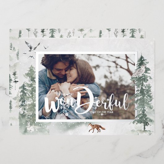 Waterverf Snowy Winter Pine Trees Foto Holiday Folie Uitnodiging (Voorkant / Achterkant)