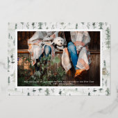 Waterverf Snowy Winter Pine Trees Foto Holiday Folie Uitnodiging (Achterkant)