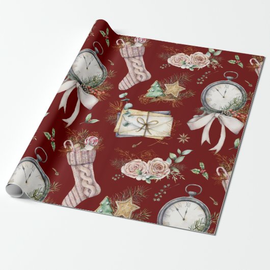 Waterverf Sock/Clock-kerstpatroon Cadeaupapier (Uitgerold)