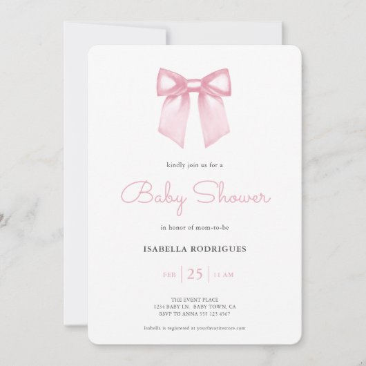Waterverf Soft Pink Bow Baby shower Uitnodiging (Voorkant)