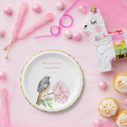 Waterverf Songbird and Roos Couple Shower Papieren Bordje (Feest)
