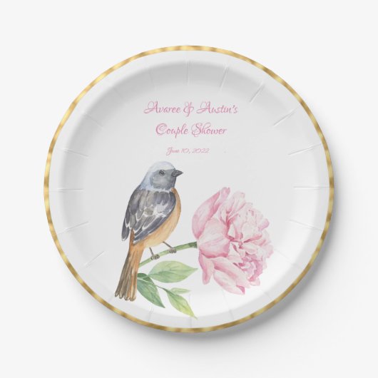 Waterverf Songbird and Roos Couple Shower Papieren Bordje (Voorkant)