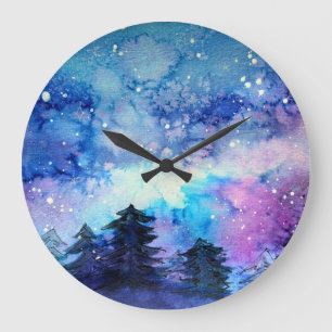 Waterverf Space Art: Nachtelijke hemelbomen Grote Klok