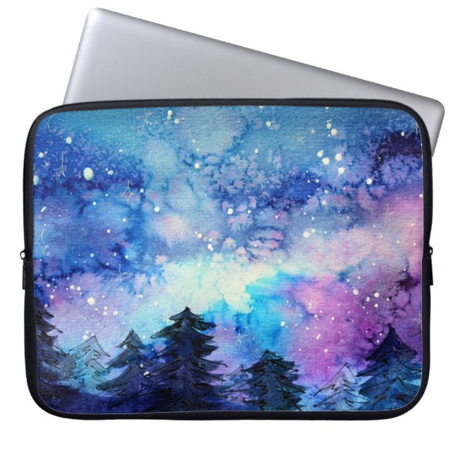 Waterverf Space Art: Nachtelijke hemelbomen Laptop Sleeve (Voorkant)