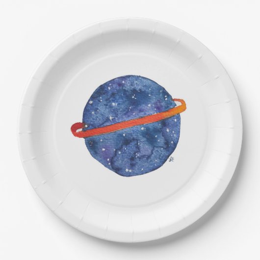 Waterverf "Space Birthday Blue Planet Galaxy" Papieren Bordje (Voorkant)