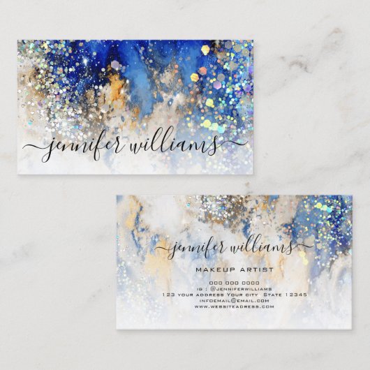 Waterverf Sparkly Gold Blue Modern Marble Beauty Visitekaartje (Voorkant / Achterkant)