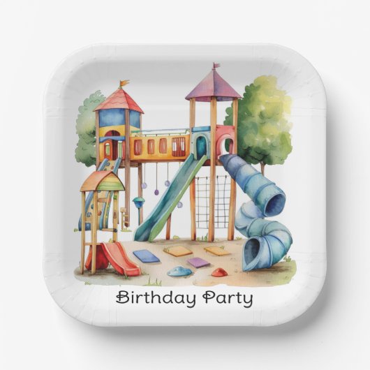 Waterverf Speeltuin Park Kind Verjaardagsfeest Papieren Bordje (Voorkant)