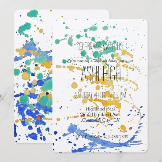 Waterverf spetters verjaardag kaart (Voorkant / Achterkant)