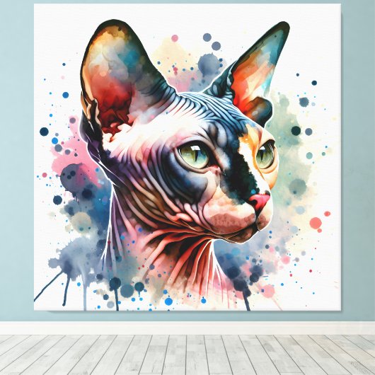 Waterverf Sphynx Kattenportret Canvas Afdruk (Insitu (Houten vloer))