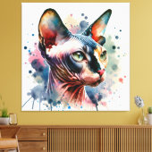 Waterverf Sphynx Kattenportret Canvas Afdruk (Insitu (Woonkamer))