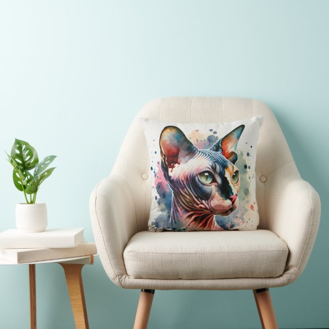 Waterverf Sphynx Kattenportret Kussen (Stoel)