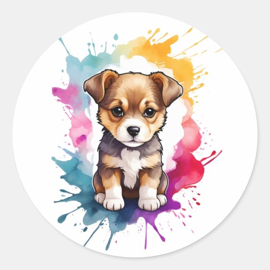 Waterverf Splash Art Puppy Dog Splatter Paint Ronde Sticker (Voorkant)