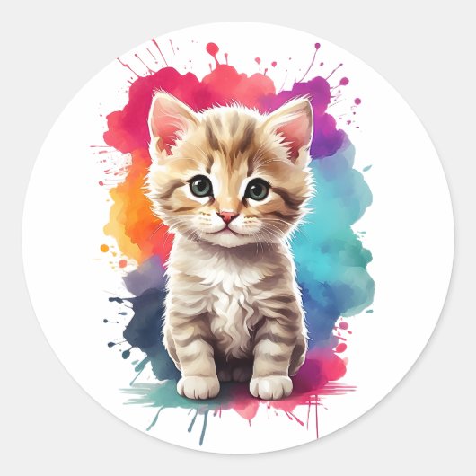 Waterverf Splash Art Schattige Kitten Splatter Pai Ronde Sticker (Voorkant)